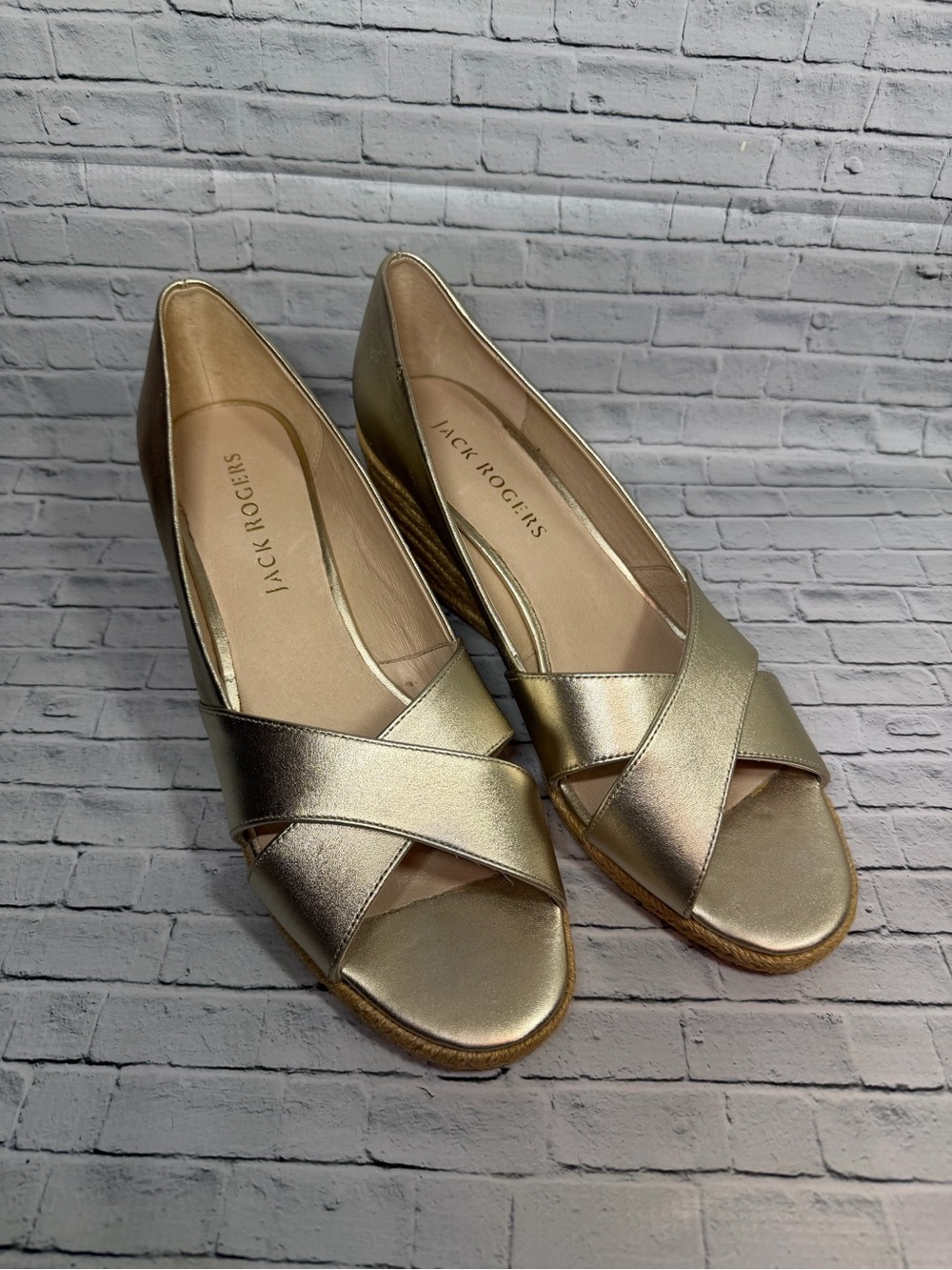 Jack Rogers Metallic Gold Crossband Wedge Sandals